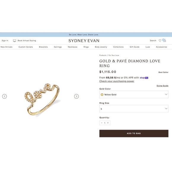 Sydney Evan Diamond 14k Yellow Gold Love Ring Size 4.5 Signed - Picture 10 of 12